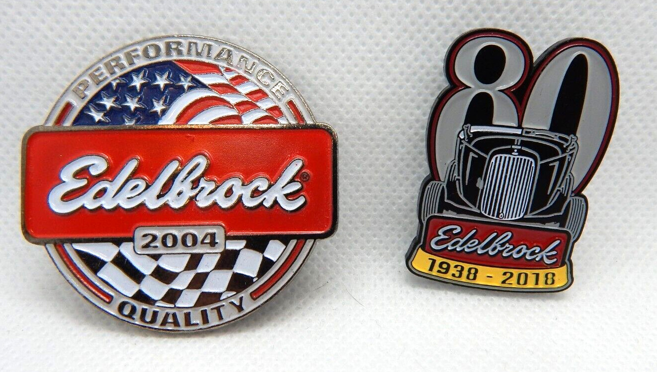 NEW Lot of 2 EDELBROCK 2004 + 80 Year Anniversary Collectible Pins Metal