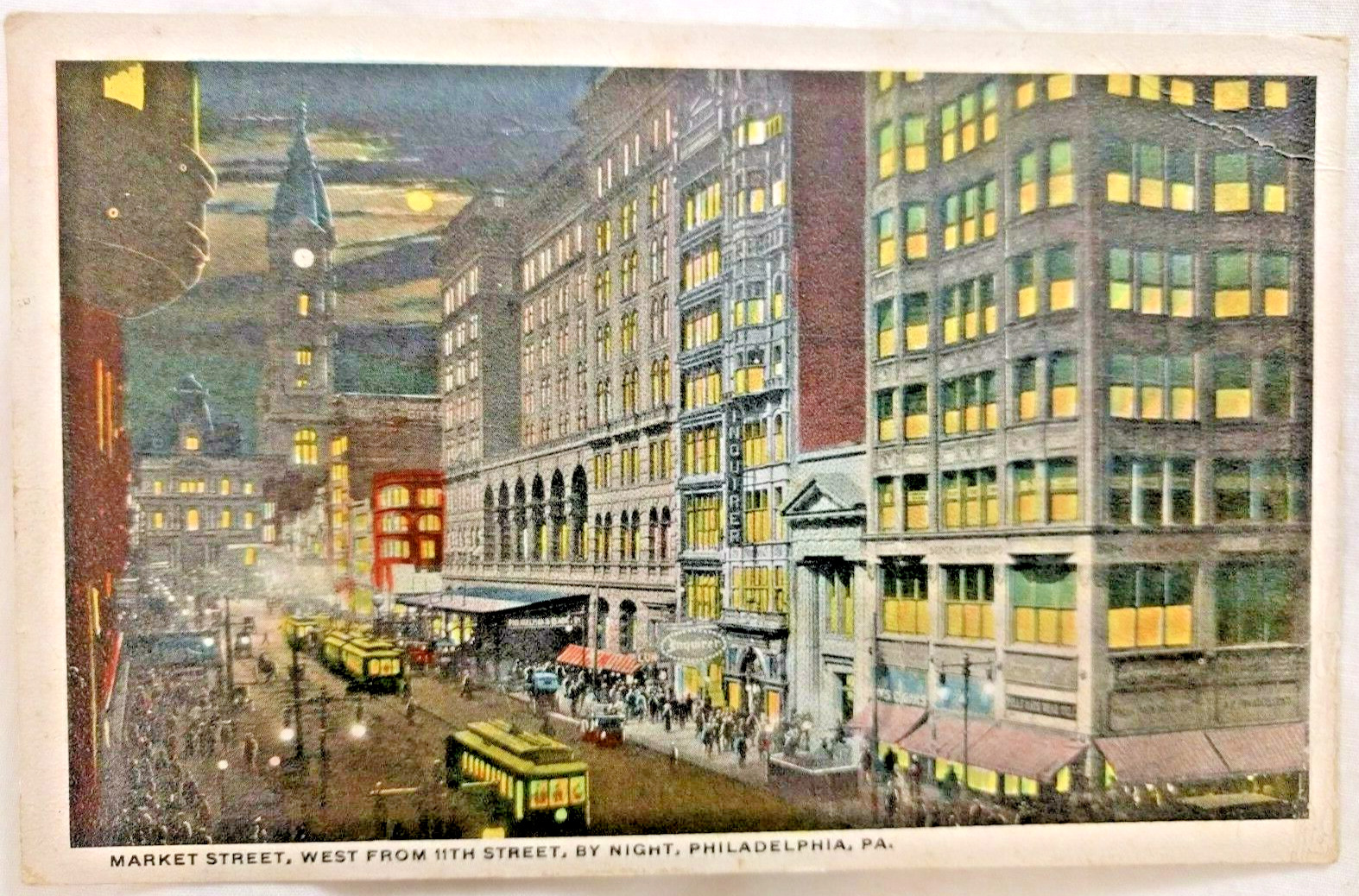 1917 Postcard: Philadelphia: Market St. West from 11th St. by night