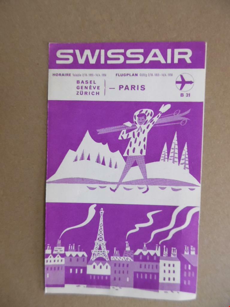 1955 Swissair Airline Timetable Flugplan Paris to Basel Geneve Zurich Vintage 
