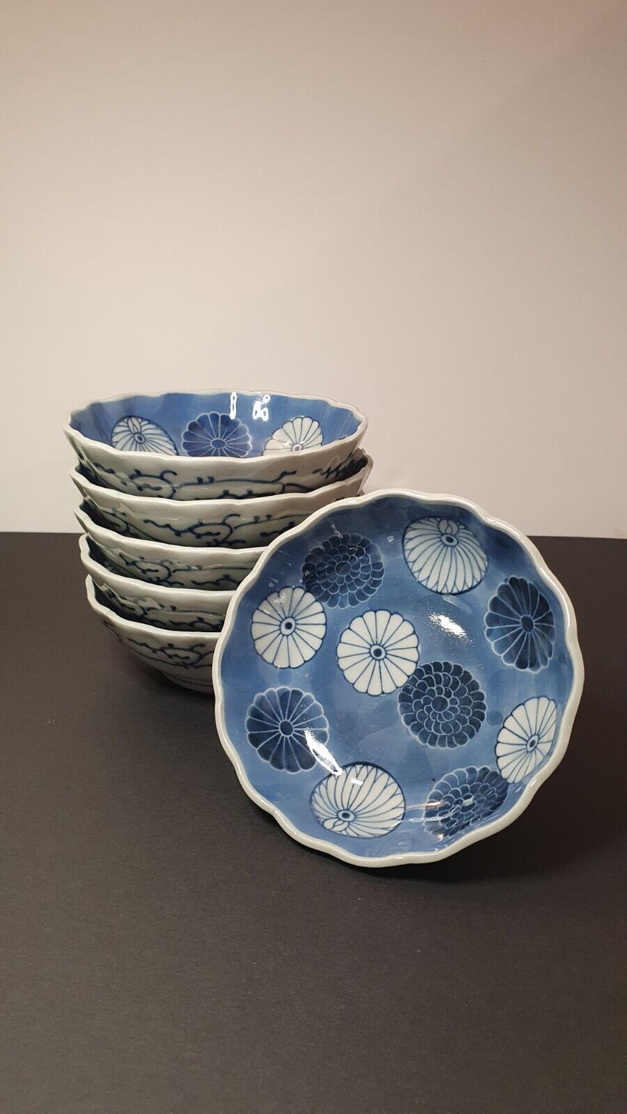 Vintage Blue & White Ceramic Japanese Bowl Decor 6 Pieces Set  #A