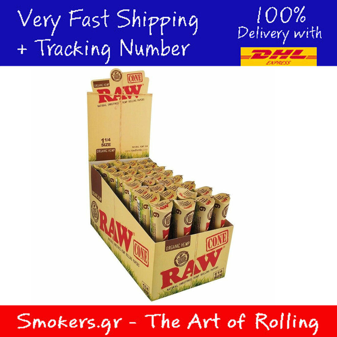 1x Full Box RAW Organic 1 1/4 Pre-Rolled Cones - SUPER PRICE -