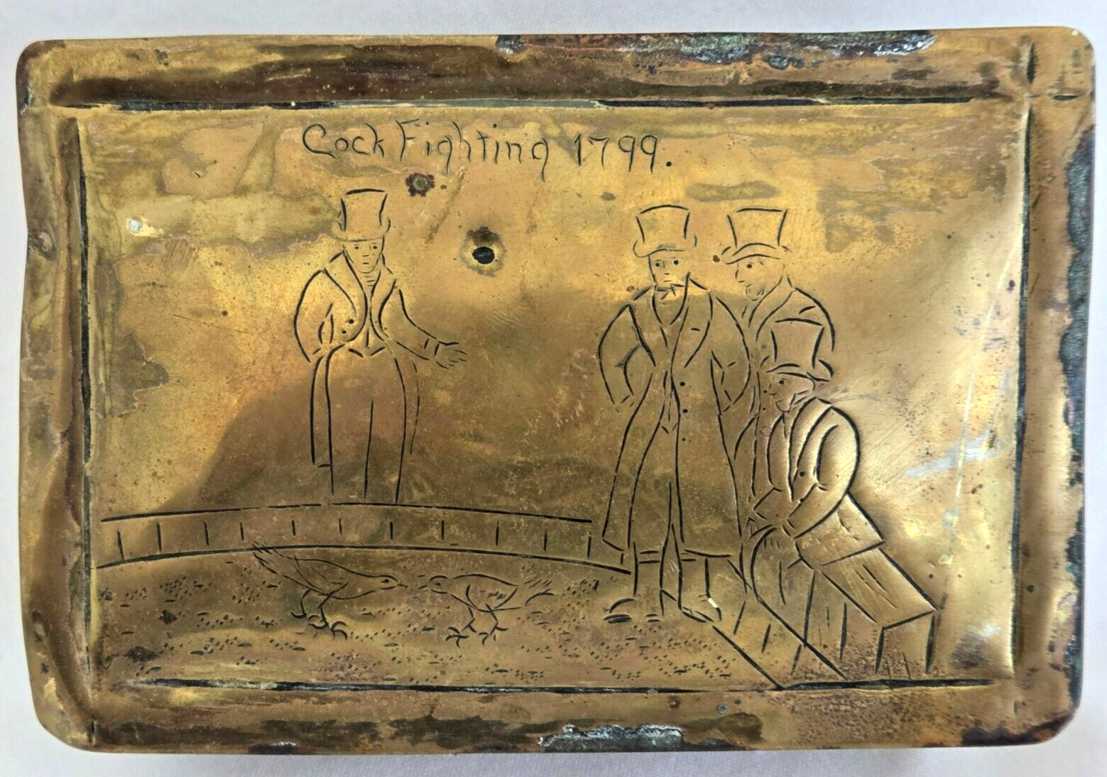 ANTIQUE,18th CENTURY,1700's,BRASS,SNUFF,TOBACCO BOX, COCK FIGHTING 1799, LARGE