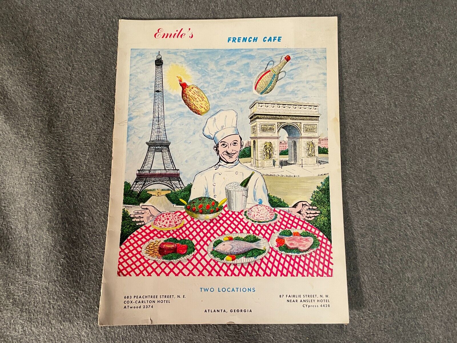 Emile\'s French Cafe Restaurant Menu Atlanta Georgia GA 1951 1950\'s Vintage MCM