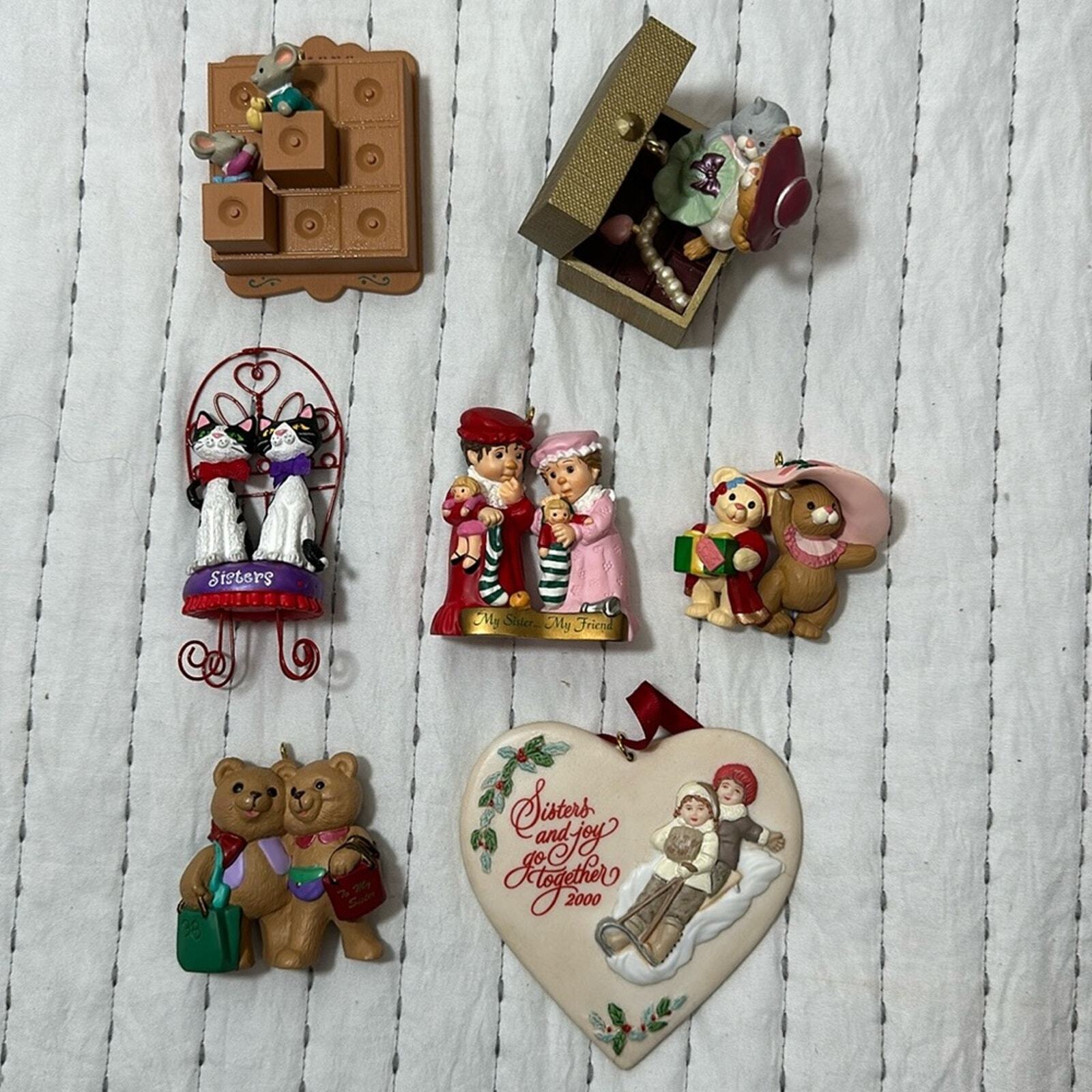 Vintage Lot Of 7 Halmark Sister To Sister Themed Ornaments Cats Mouse Christmas