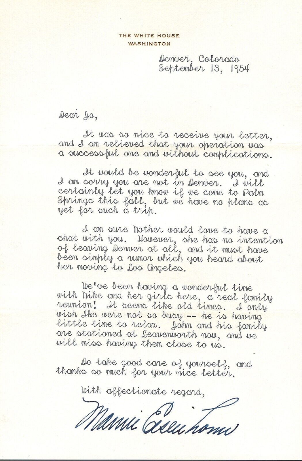 Mamie Eisenhower Typed Letter Signed as First Lady, 1954, Mentions Ike
