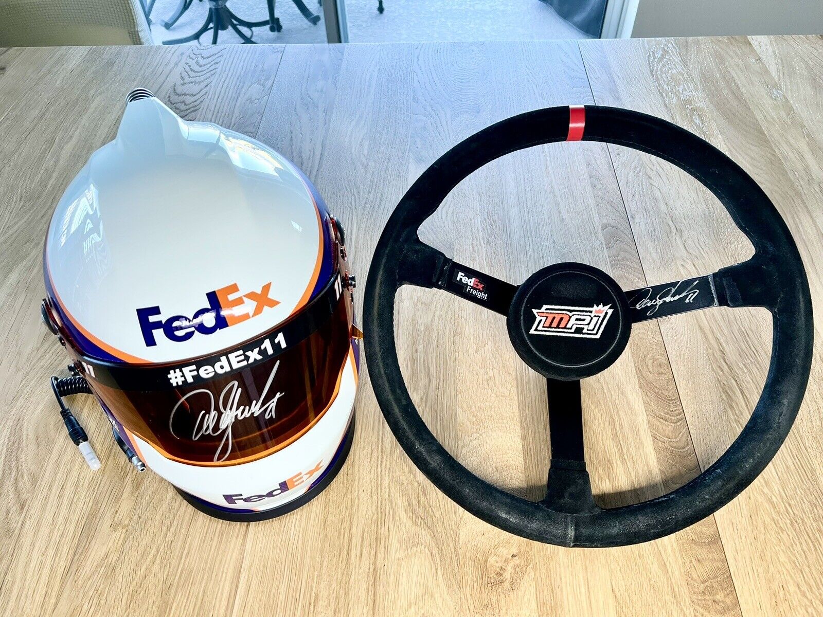 Denny Hamlin RaceUsed Signed Steering wheel /Autographed FullSize Replica helmet