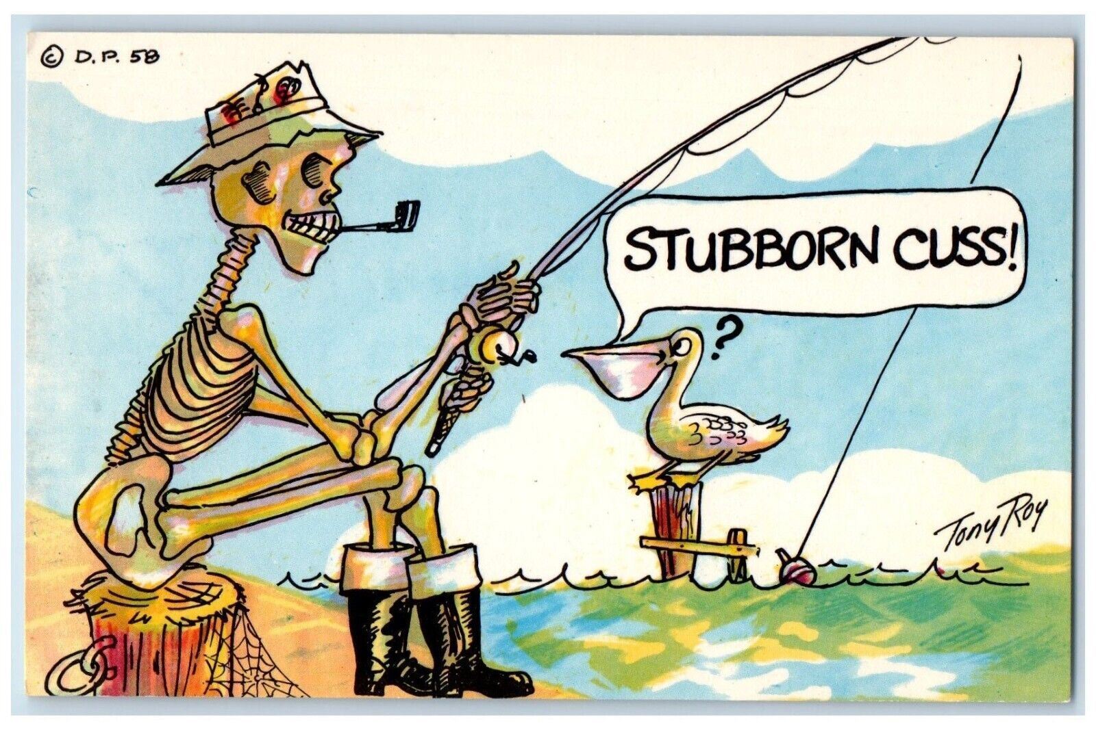 c1930\'s Skeleton Fishing Pipe Stubborn Cuss Duck Unposted Vintage Postcard