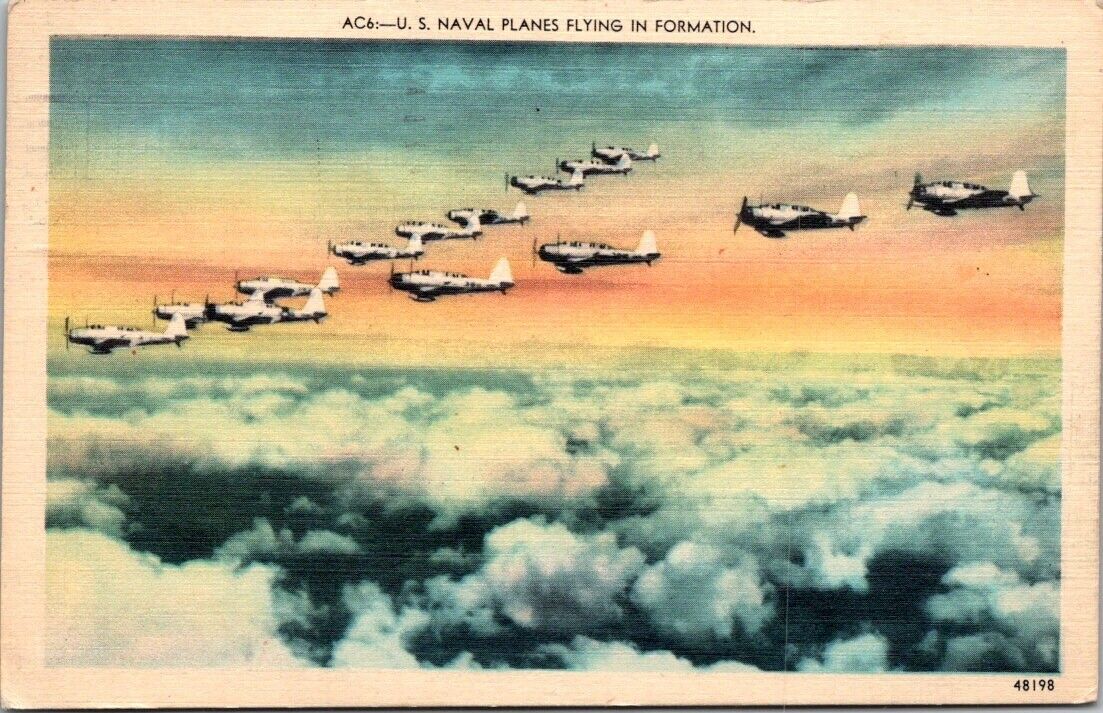 U.S. Naval Planes Flying in Formation, WW2 Vintage Postcard