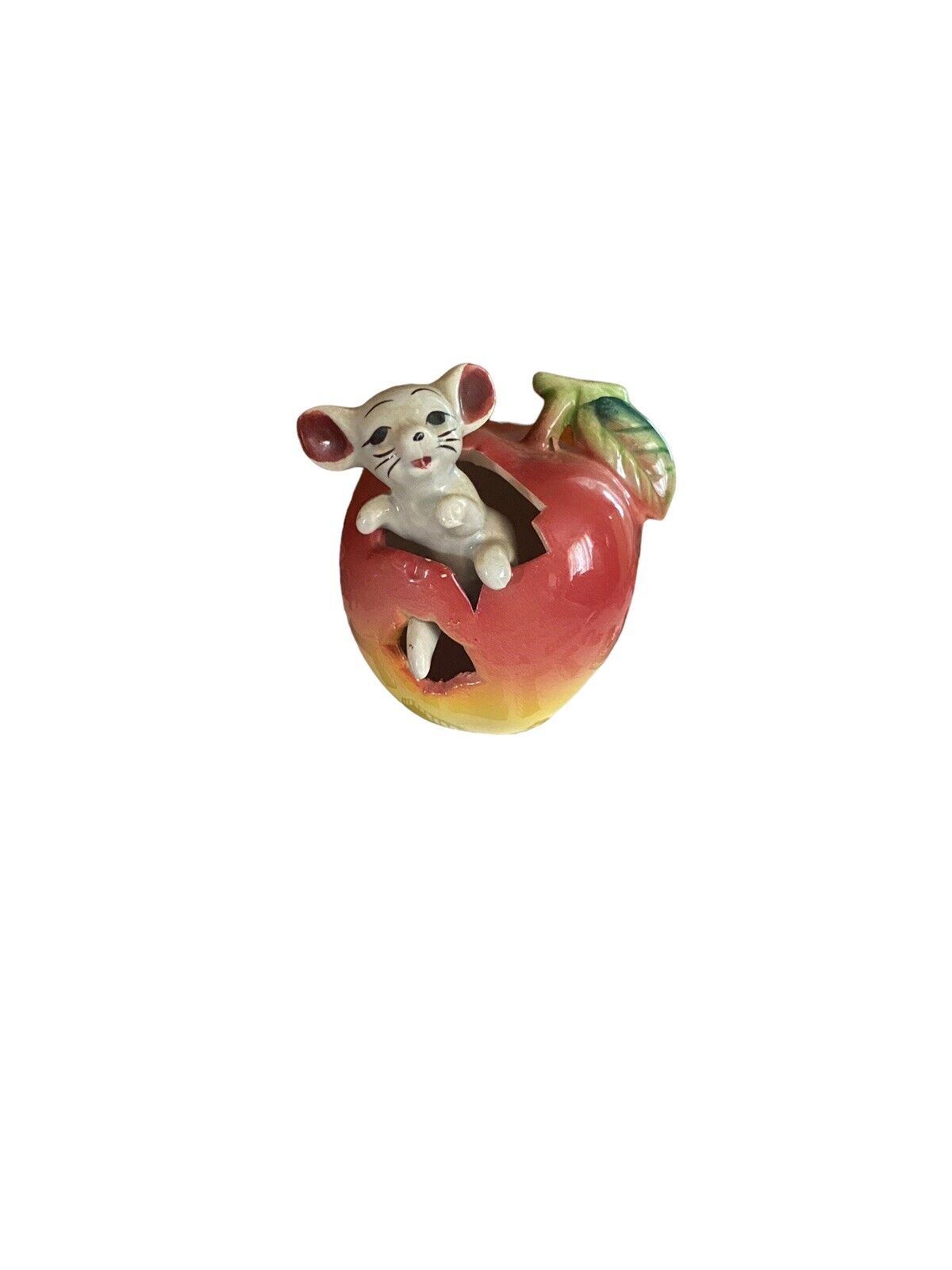 Adorable Anthromorphic Mouse in the Apple Figurine Kitschy Cute Vintage Ceramic