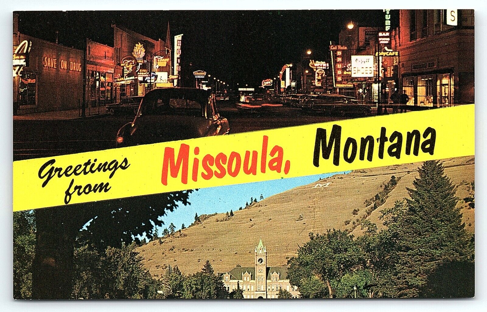 1950s MISSOULA MT NIGHT STREET SCENE MONTANA STATE UNIVERSITY POSTCARD P3752