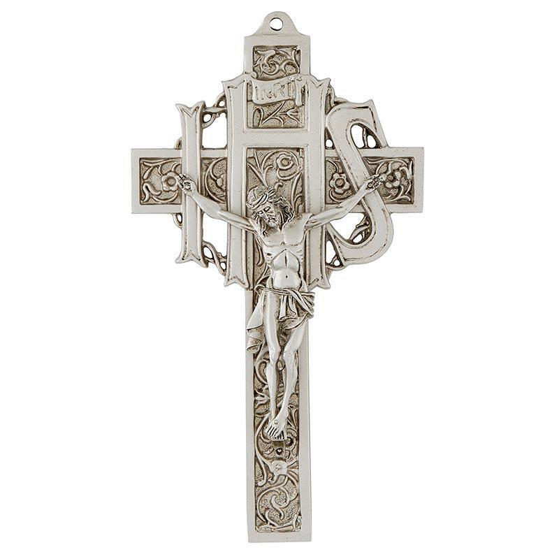 Filigree IHS Crucifix Solid Pewter Beautiful Scrolling Filigree Background 9 In