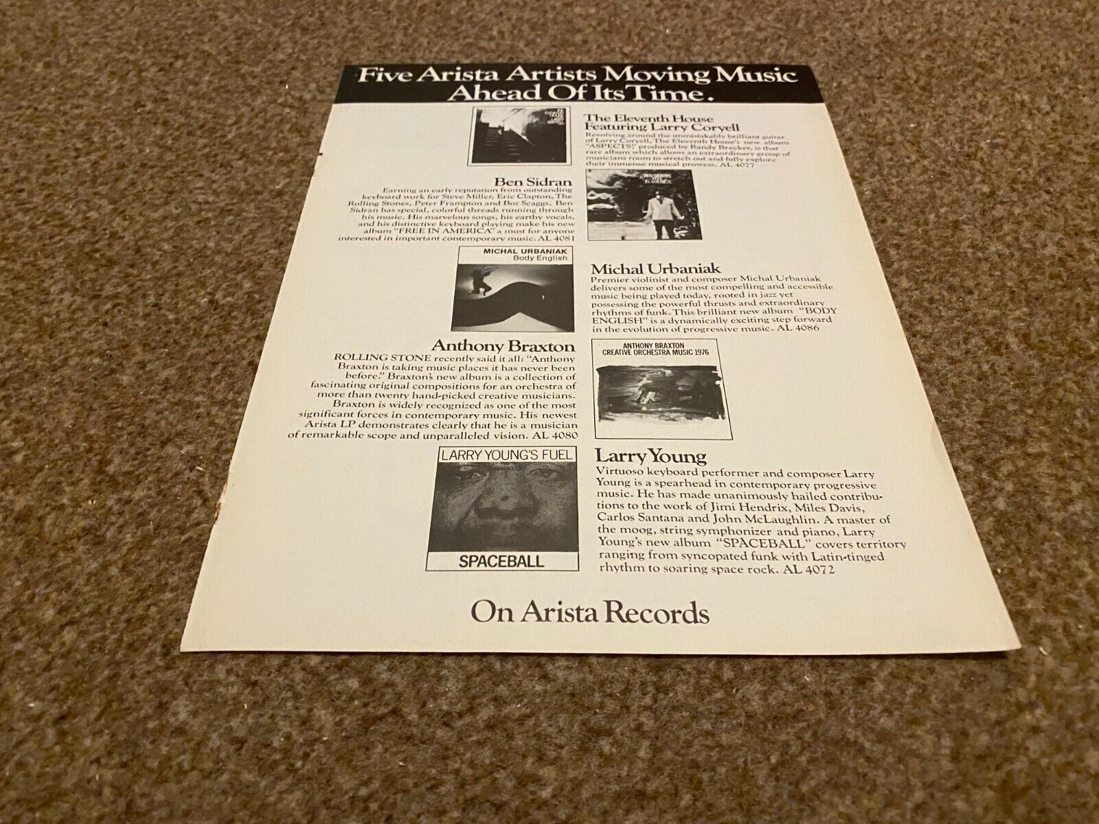 FRAMED ADVERT 11X8 ARISTA RECORDS LARRY CORRYELL. BEN SIRDAN. MICHAL URBANIAK