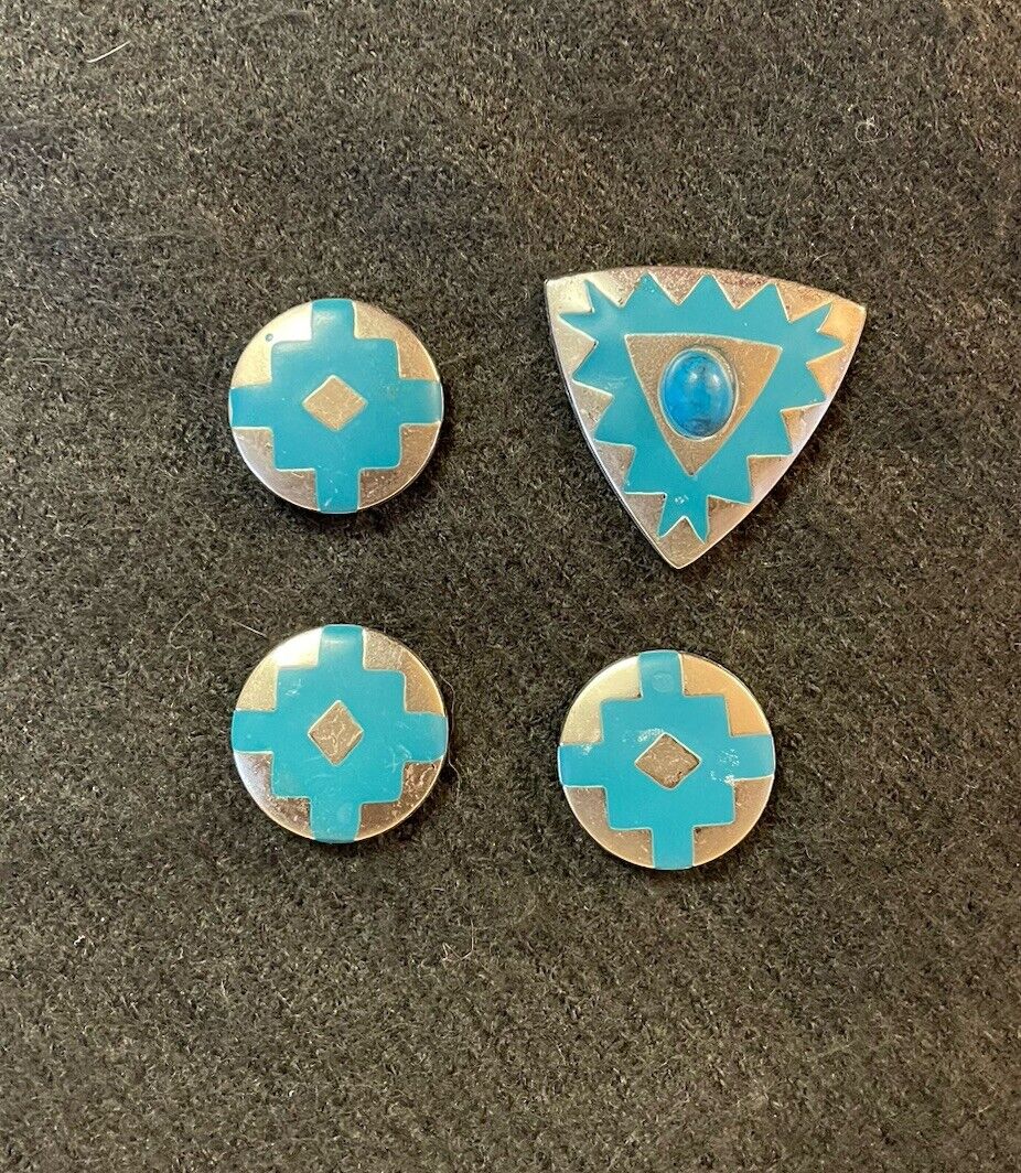 4 Turquoise Button Covers Aztec Pattern Southwestern Style Steel Silver Tone VTG