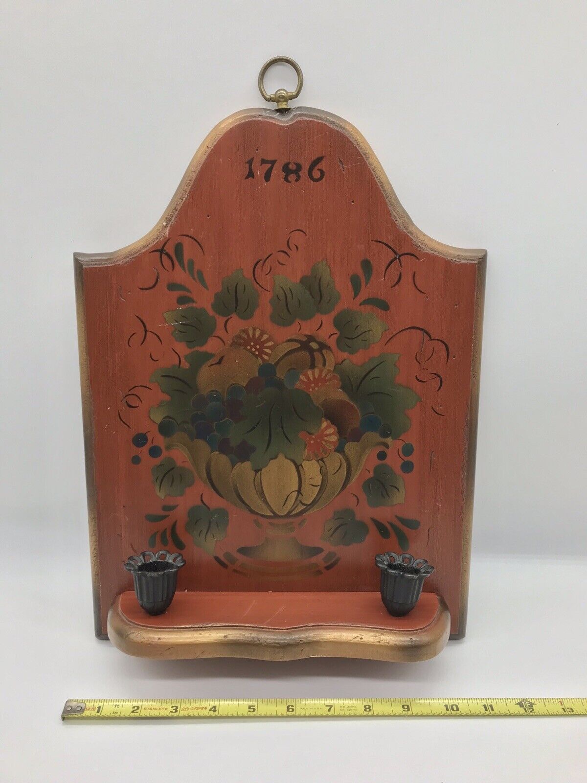 Vitg Folk Art Painted Solid Wood Hanging Wall Plaque Candle Holders Floral Fruit