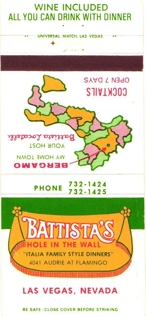 Battista\'s Hole In The Wall, Las Vegas, Nevada Italian Vintage Matchbook Cover