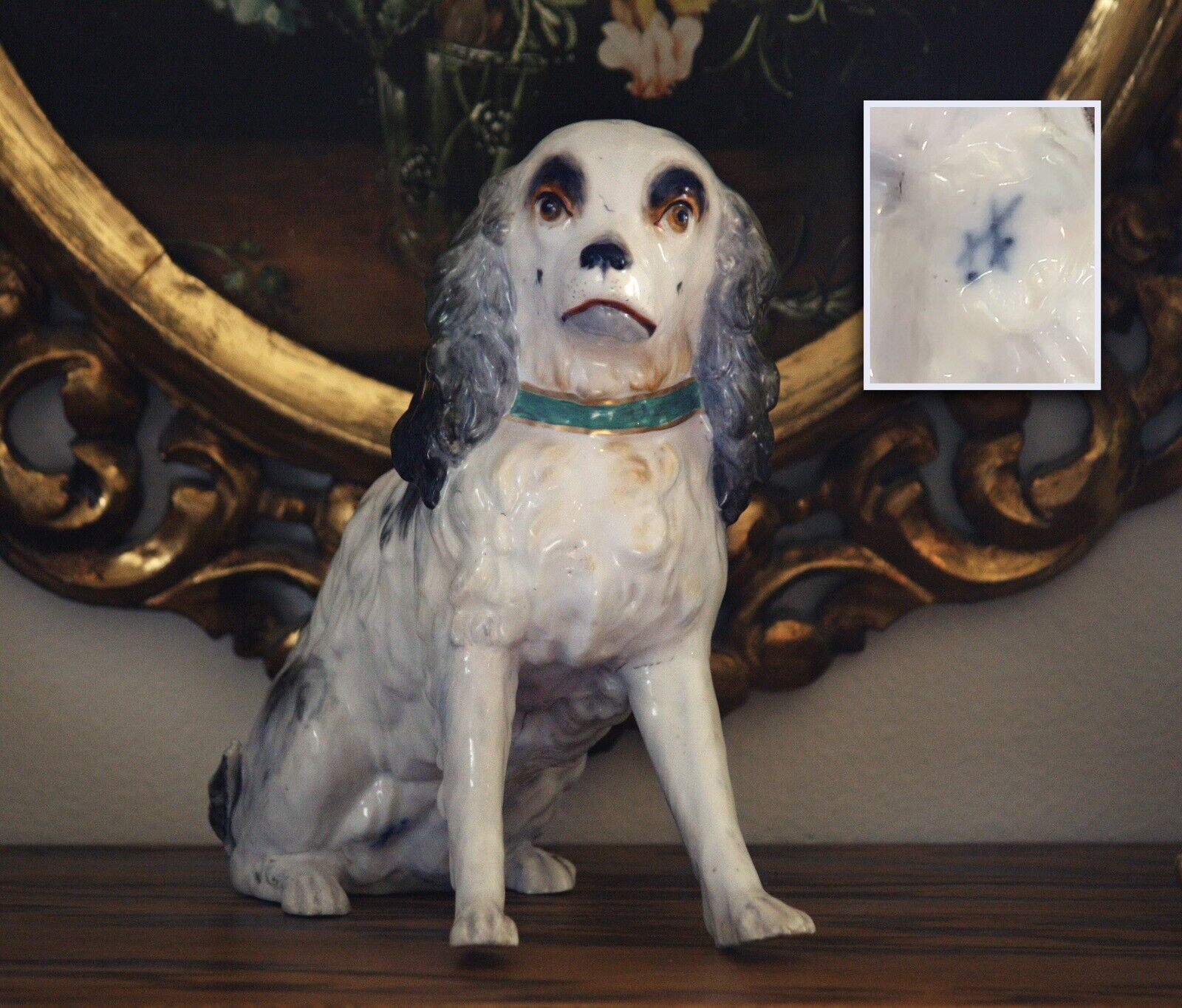 C.18th Antique early Meissen Porcelain Spaniel Dog Figurine Large 9”x9.5”