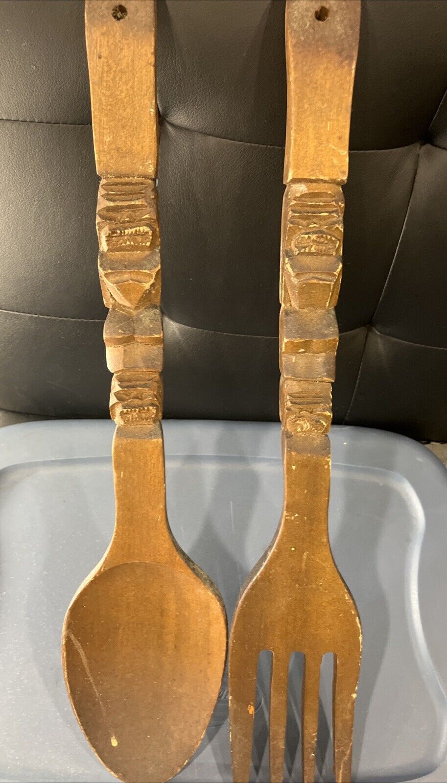 Vintage Carved Wooden Fork & Spoon Large 21\