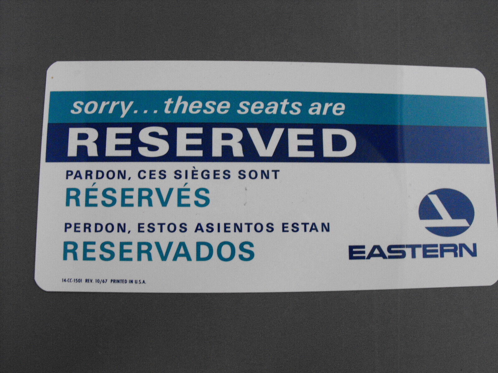 Eastern Airlines Vintage 1967 Plastic Reserved/Occupied Seat Card