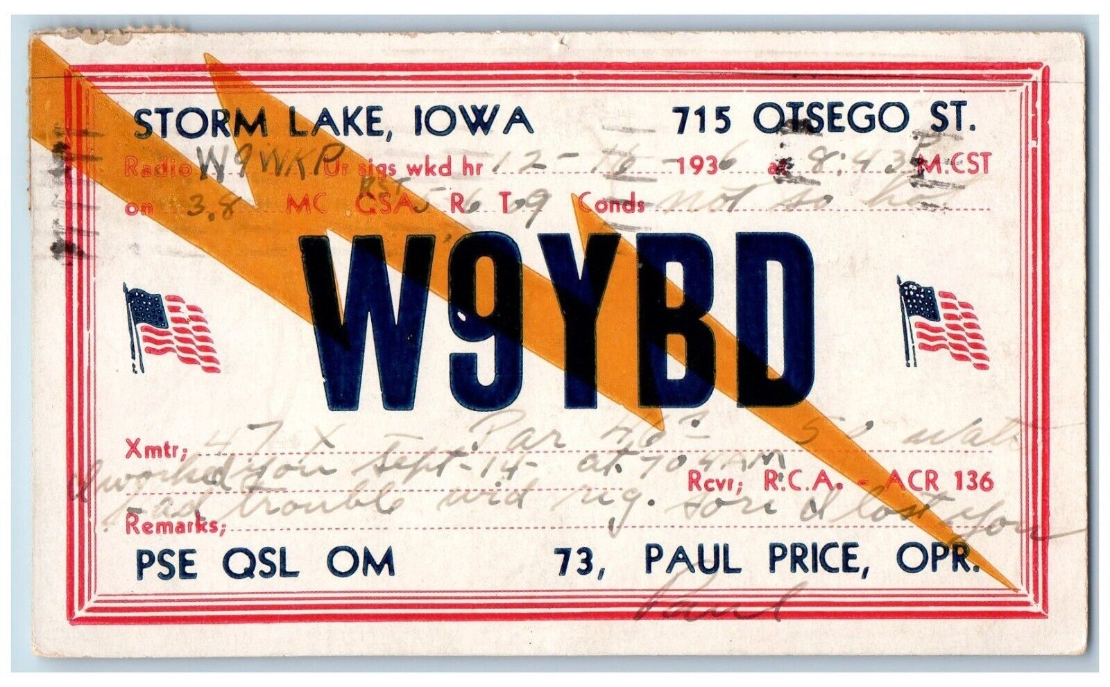 Storm Lake Iowa IA Postcard Ham Radio QSL W9YBD 1936 Posted Vintage