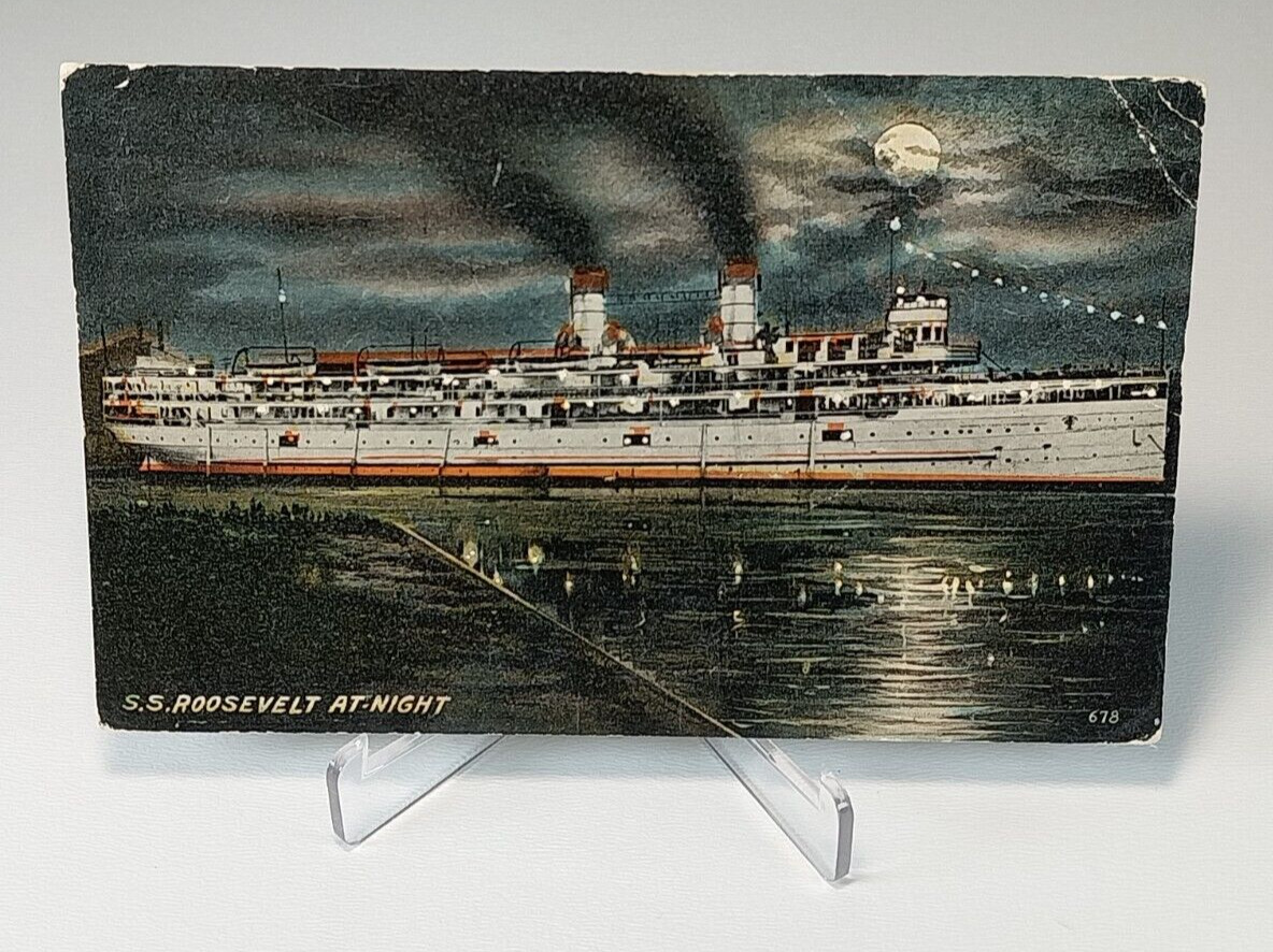 S. S. Roosevelt At Night Color 1912 Steamship Boat Postcard Posted