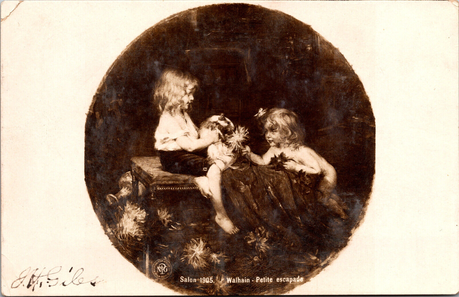 1905 Salon Children Pet RPPC Vintage German Rotograph Postcard