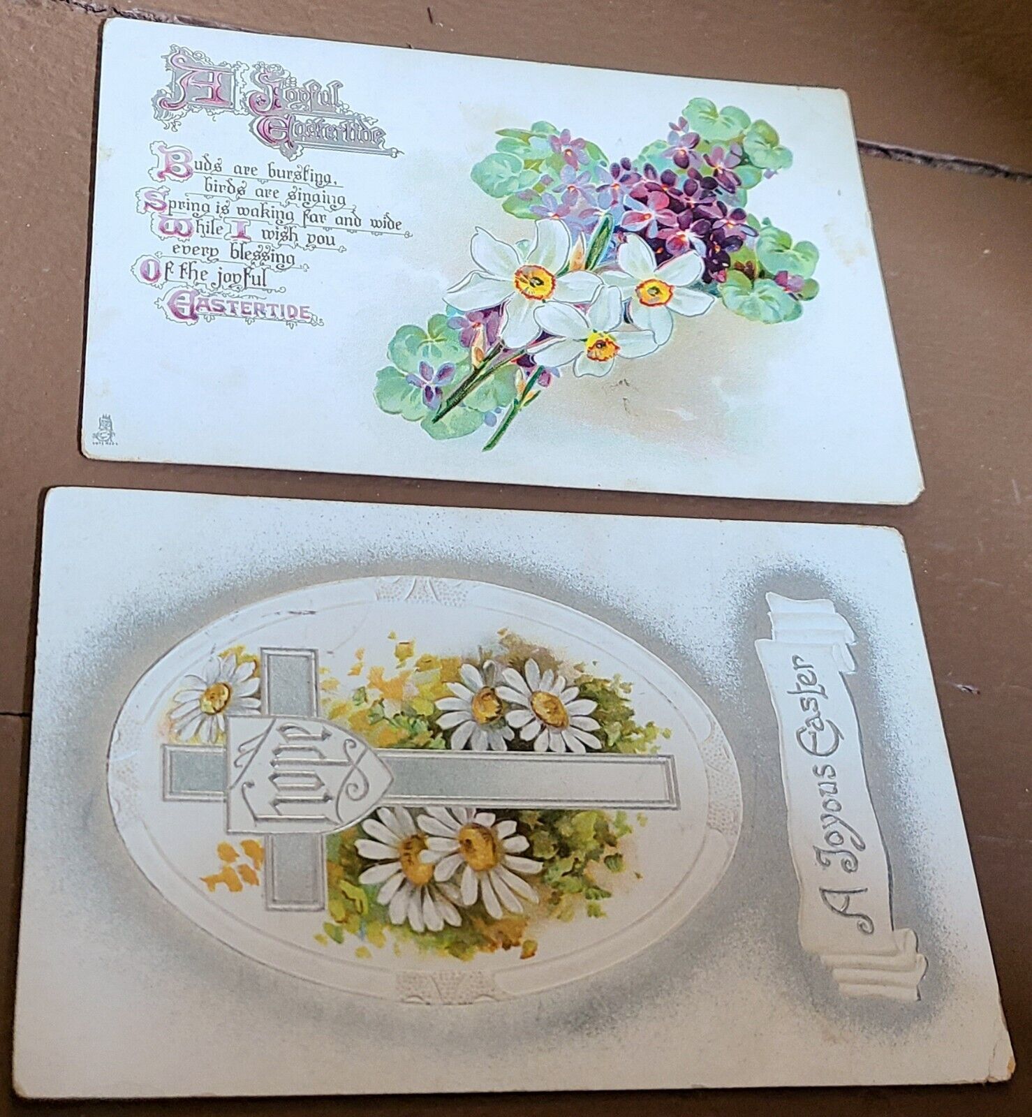 2 Antique 1910-12 Easter Greetings Postcards Floral Crosses Daisies