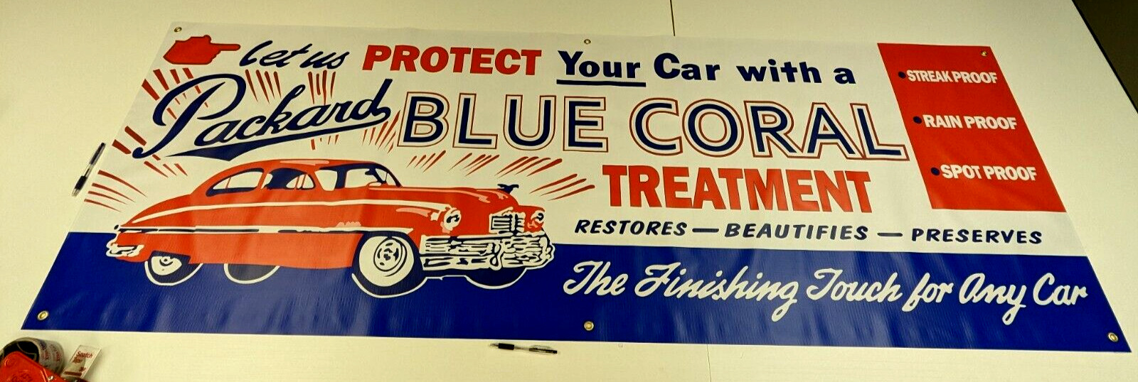 Packard Auto Car 50\'s Vintage Style Banner Sign Pennant Flag Blue Coral Sealer