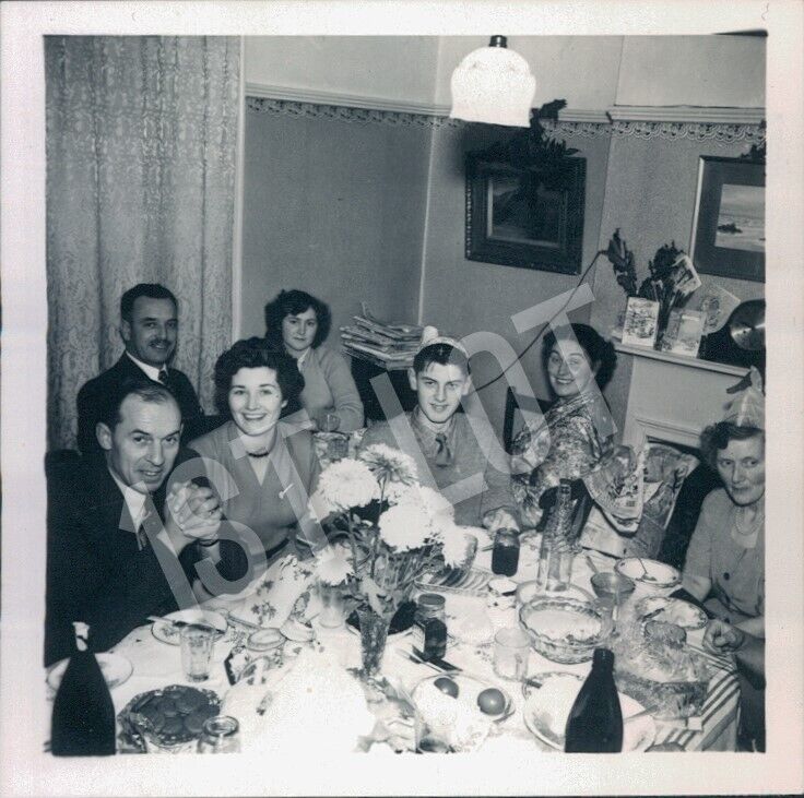 Family and Friends Gathered Around Dining Table Festive Meal Christmas 1955