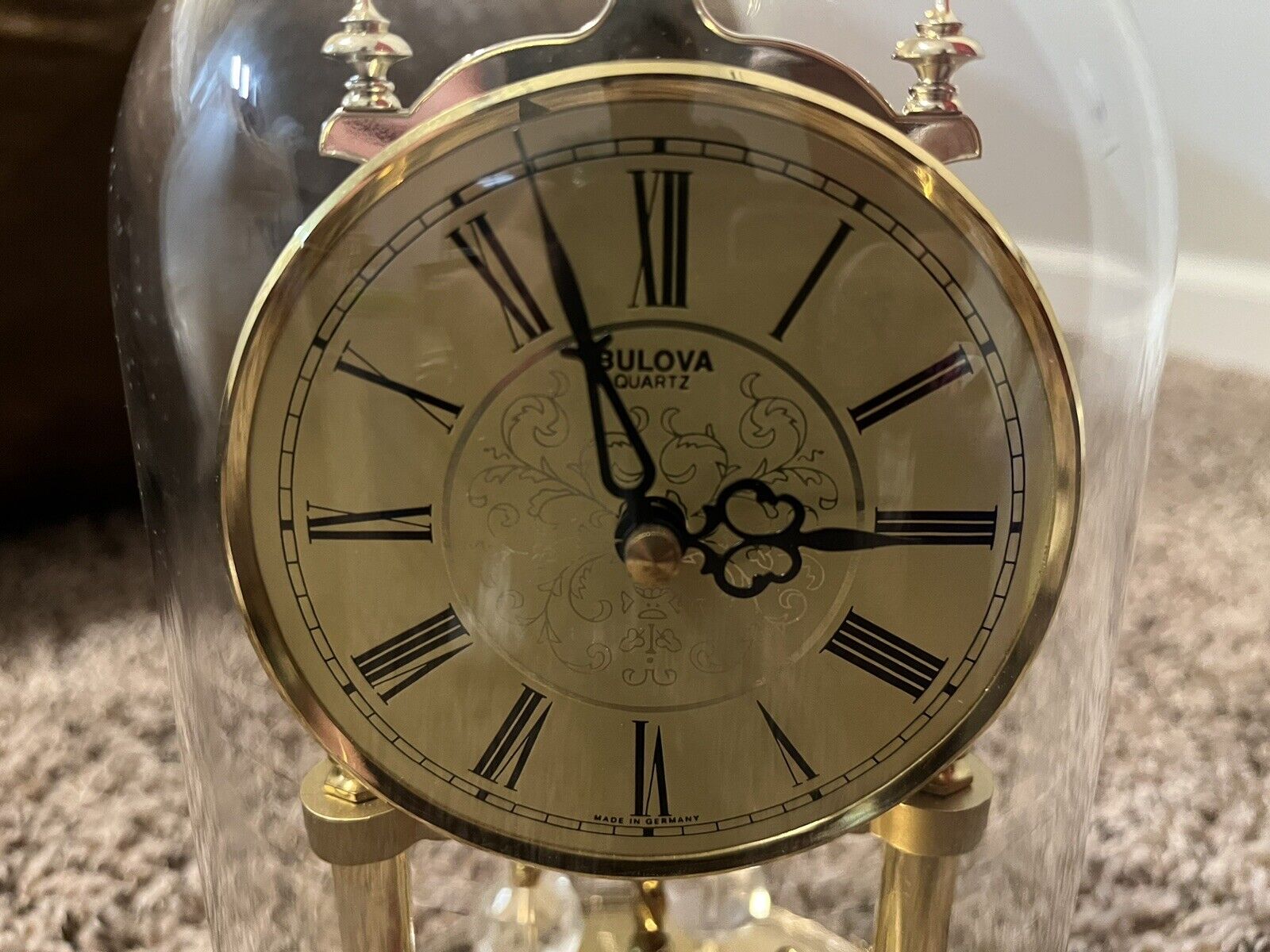 Vintage Bulova Quartz Anniversary Clock, Glass Dome, Original Swarovski Crystal