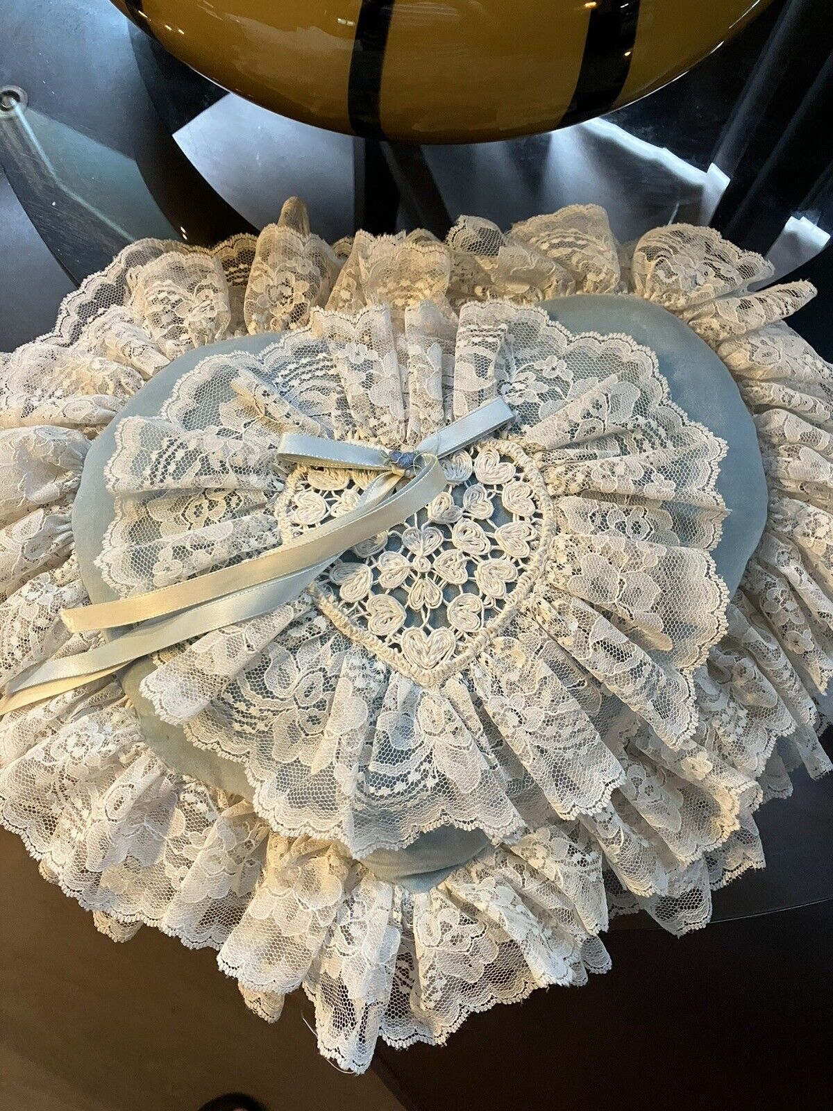 Antique Lace Boudoir Pillow Handmade Heart Shaped Velvet & Lace