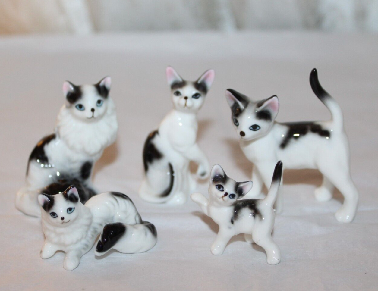 5 Vintage Bone China Black & White Cat & Kitten Figurines Long & Short Hair Lot