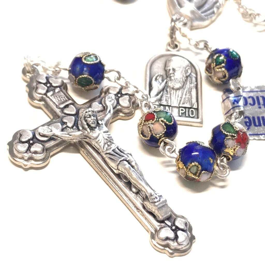St. Padre Pio Relic Blue Cloisonne Rosary - Blessed By Pope Francis