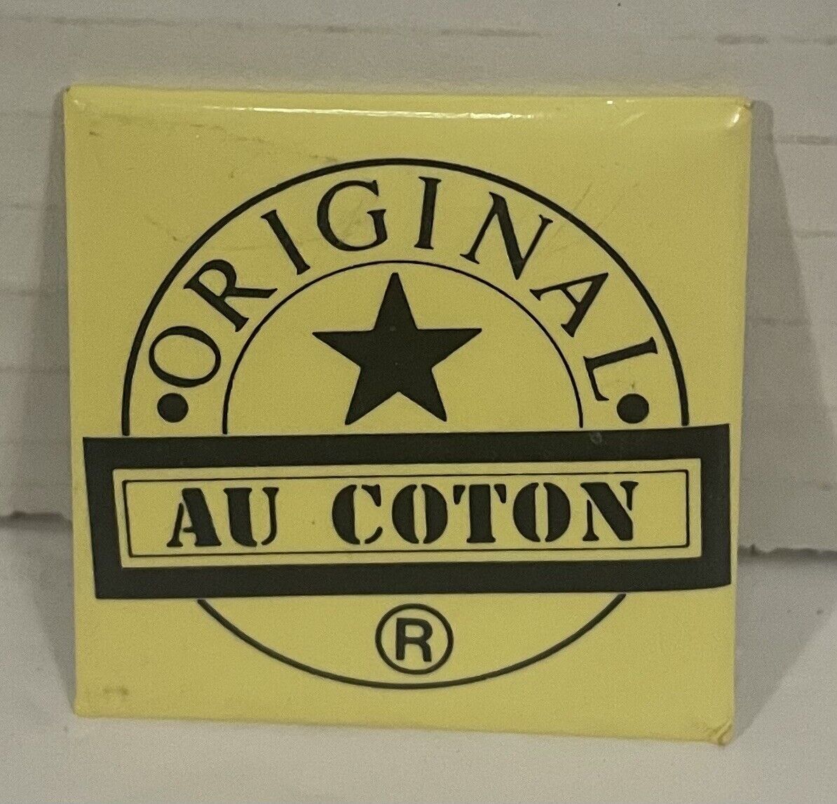 Vintage 1980s Au Coton Original Square Pinback Button Yellow Pin 1.5” Canada