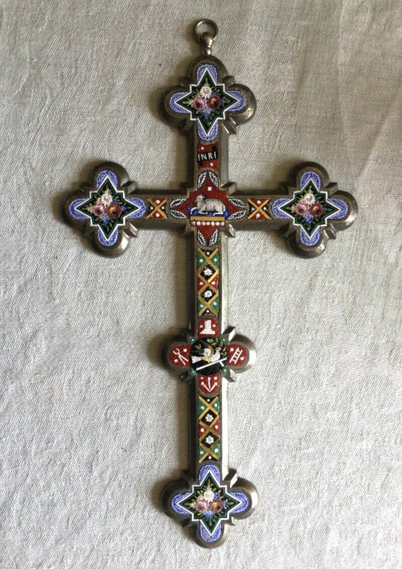 Antique Cross Italian Micro Mosaic Bronze Souvenir Grand Large Rare Old 19th