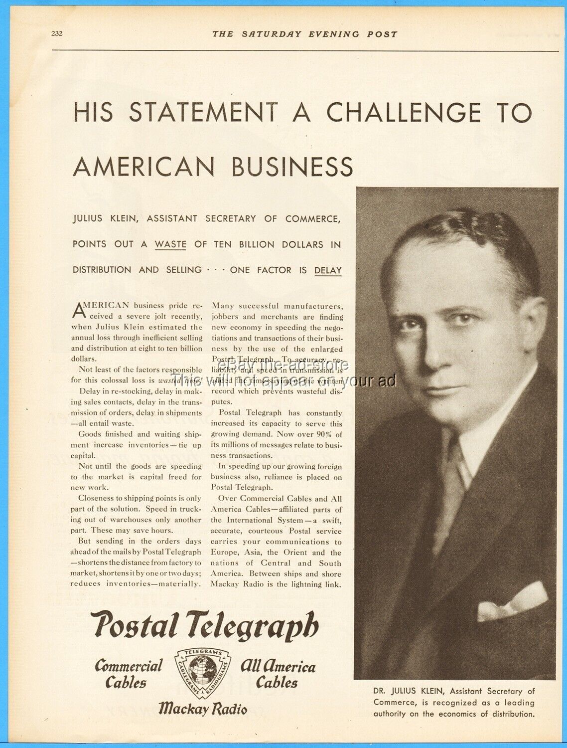 1929 Dr Julius Klein Postal Telegraph Commercial Cables Mackay Radio Telegram Ad