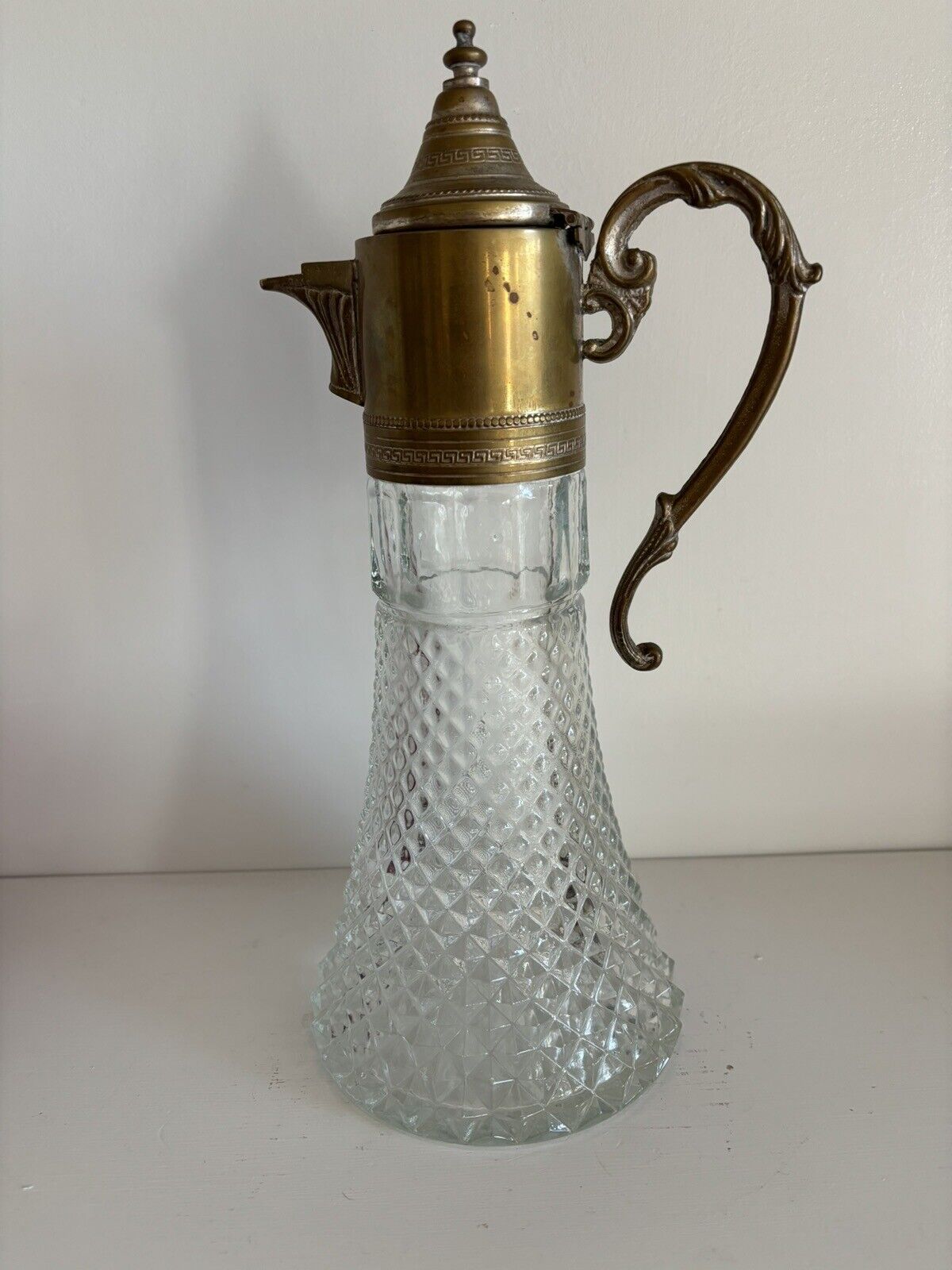 Vtg Diamond Point Glass Wine Claret Ewer Decanter with Lidded Top