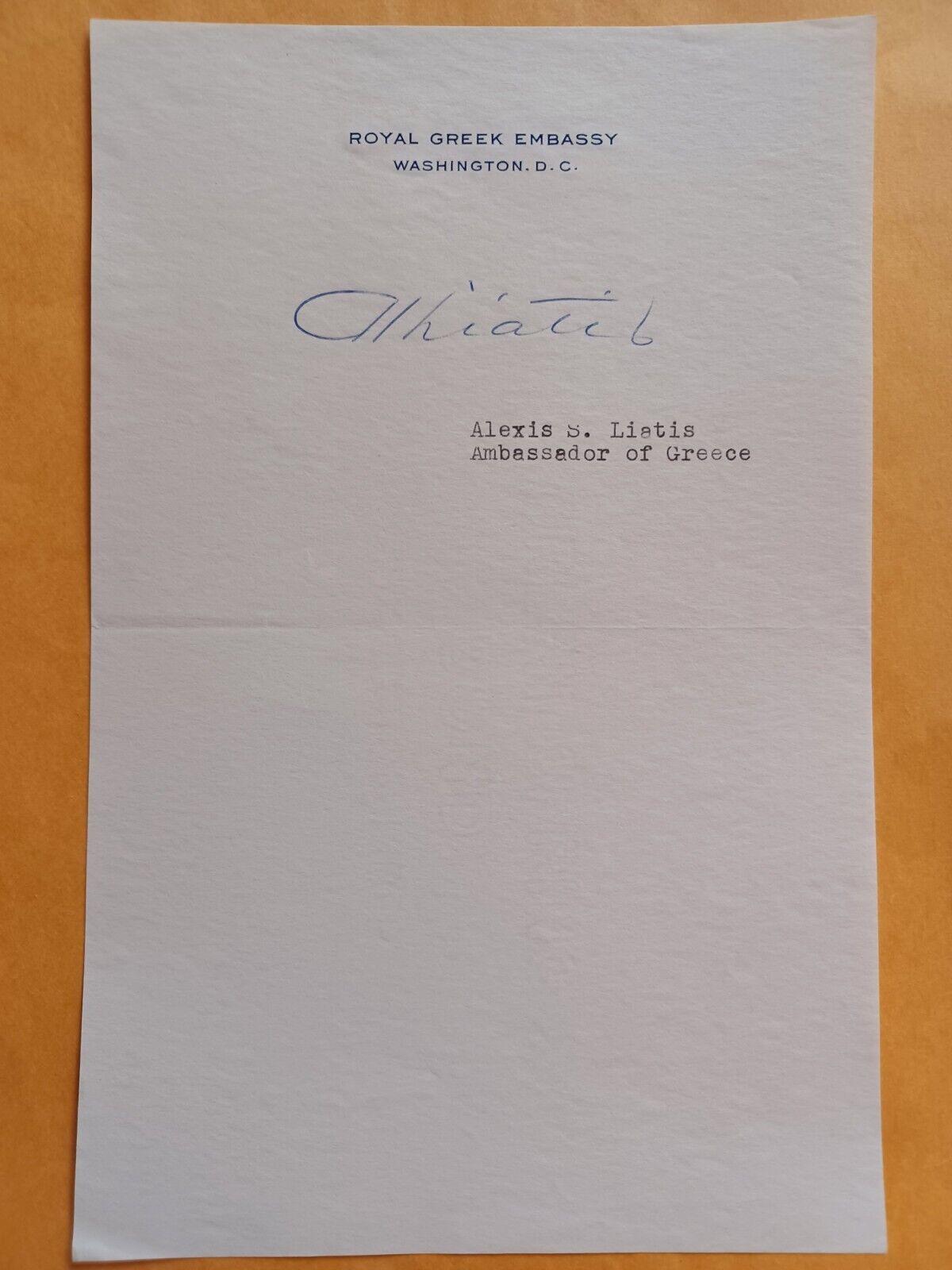 Alexis S. Liatis Signed Paper - 1950s Greece Ambassador to U.S.