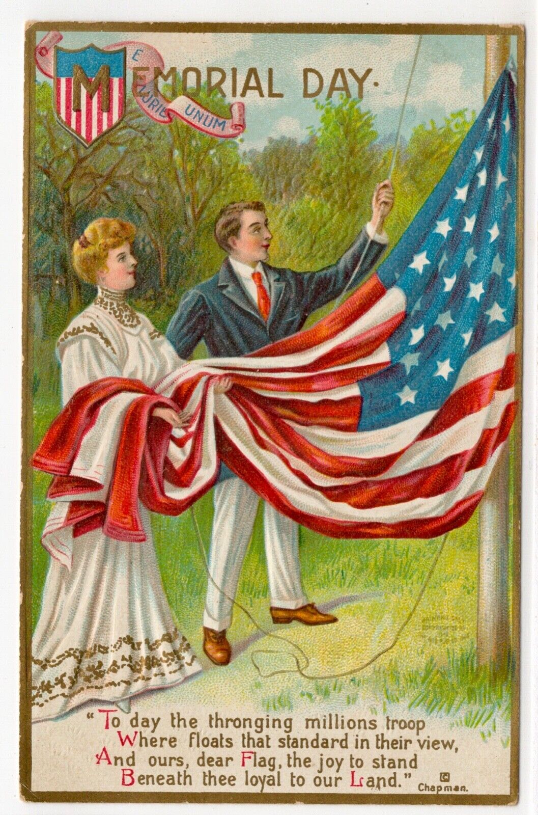Memorial Day Patriotic Postcard Couple Raise US Flag A/S Chapman Int\'l Art