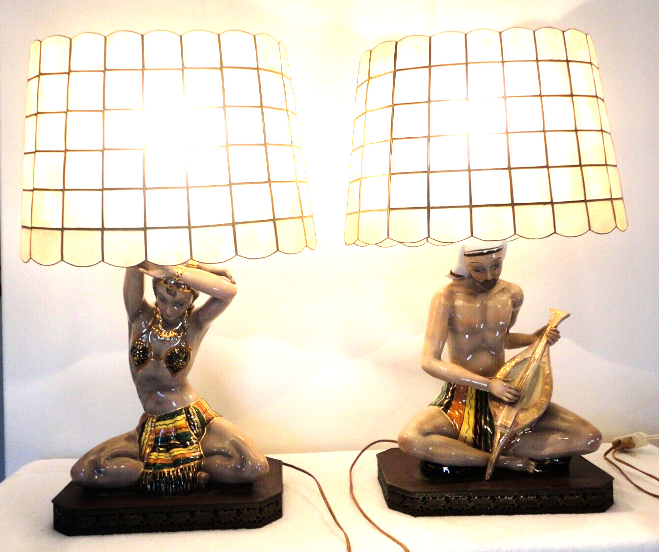 Pair of RARE Vintage EGYPTIAN FIGURAL  LAMPS with  Capiz shell Shades