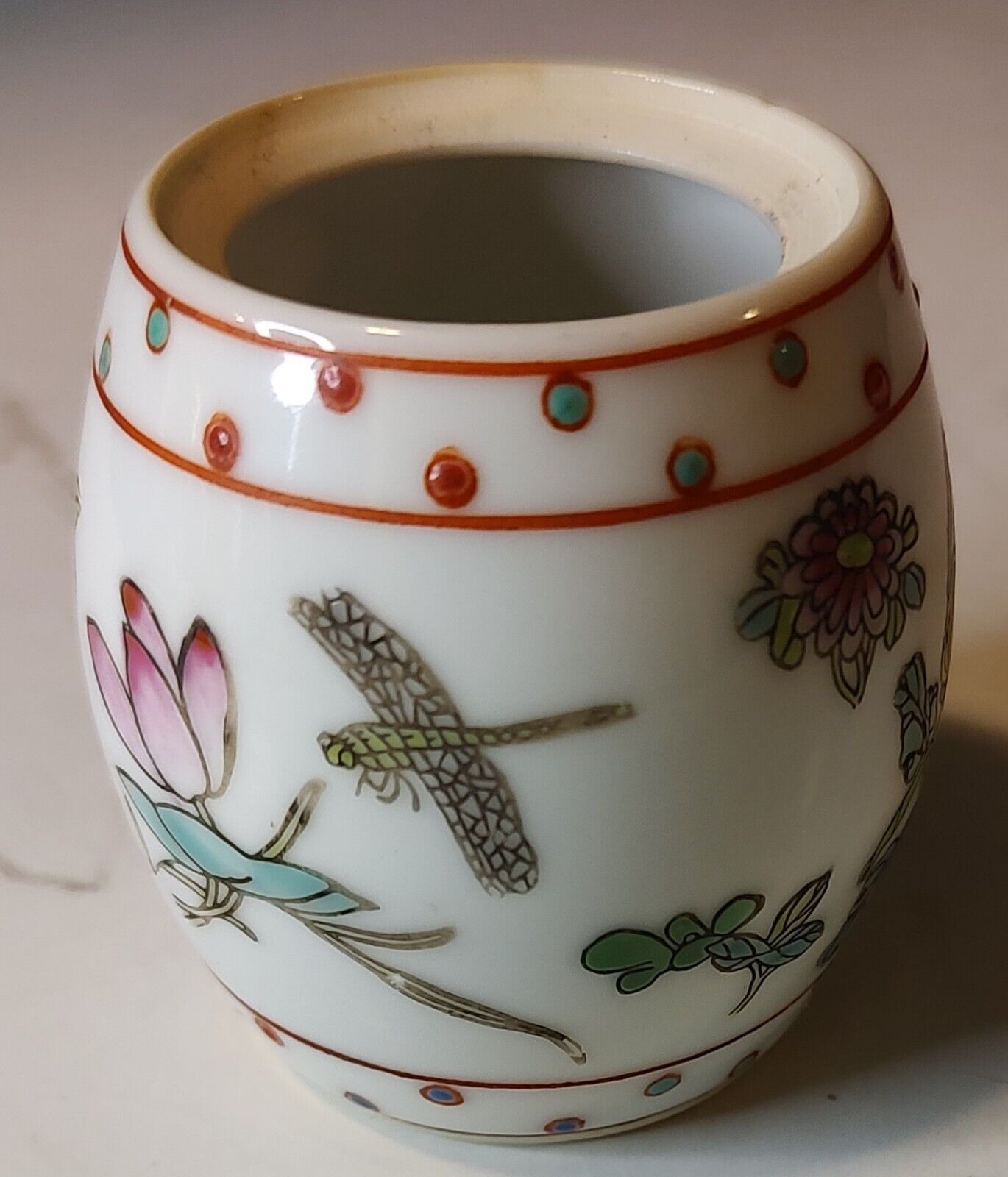 Vintage Miniature Porcelain Barrel Ginger Jar China Dragonfly and Butterfly