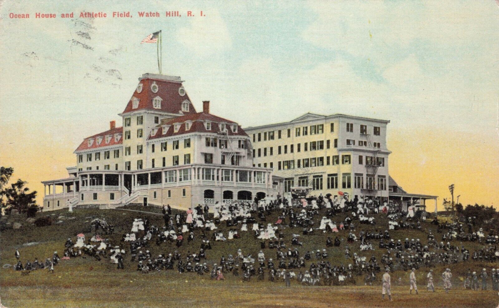 Watch Hill RI Ocean House Athletic Field Baseball Players Crowd Postcard 1910