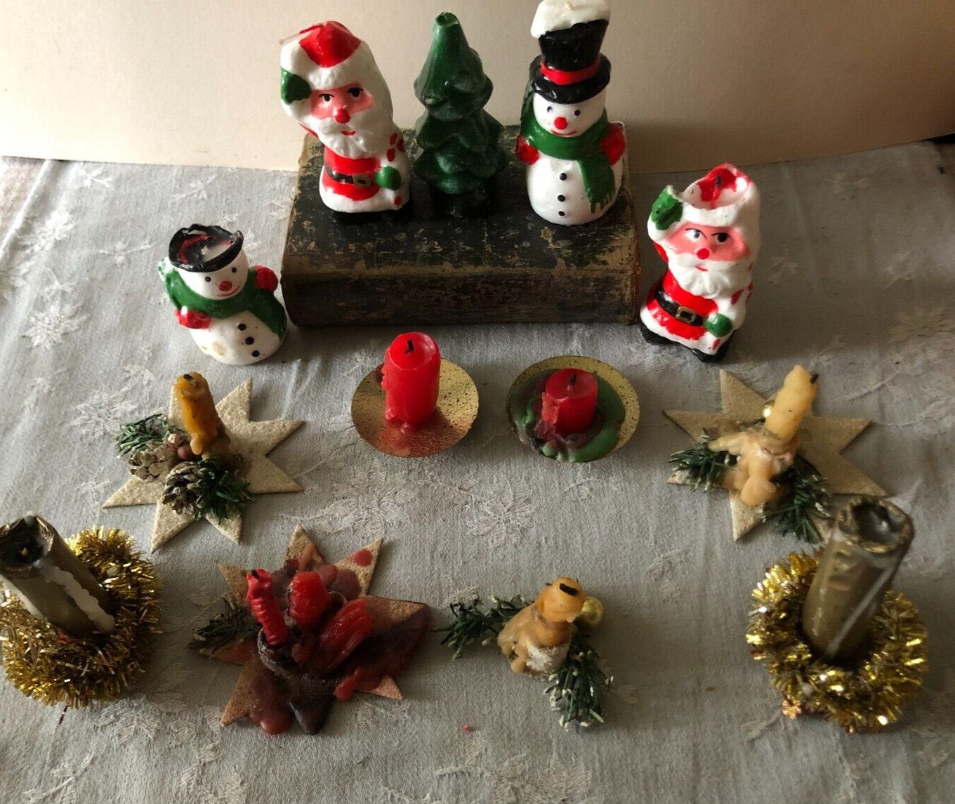 Vintage French 13 Christmas Santa Snowman Retro Candles Unused and Used c1960s