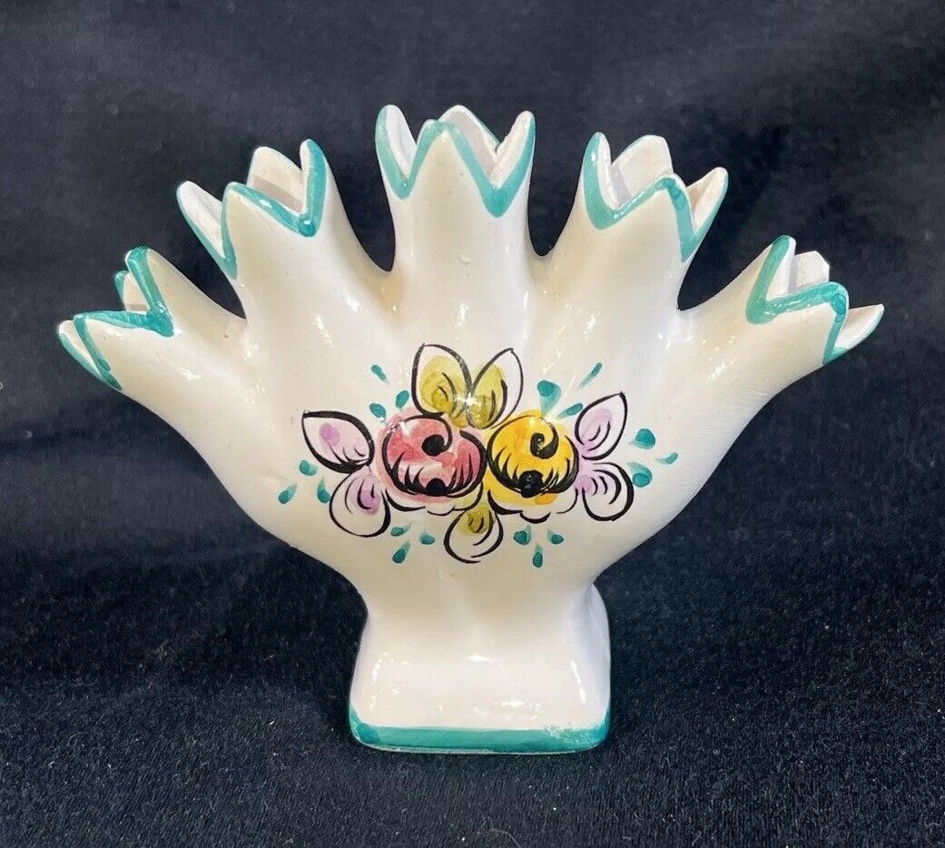 Vintage E.P.L. Alcobaca Portugal Hand-Painted Ceramic 5 Finger Bud Vase #303