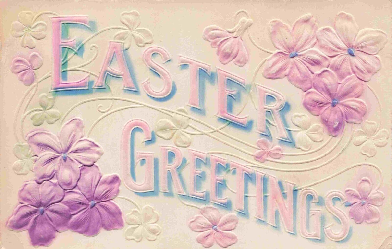 Pretty Easter Greetings Beautiful Embossing Pink Lavender Blue Vintage Postcard