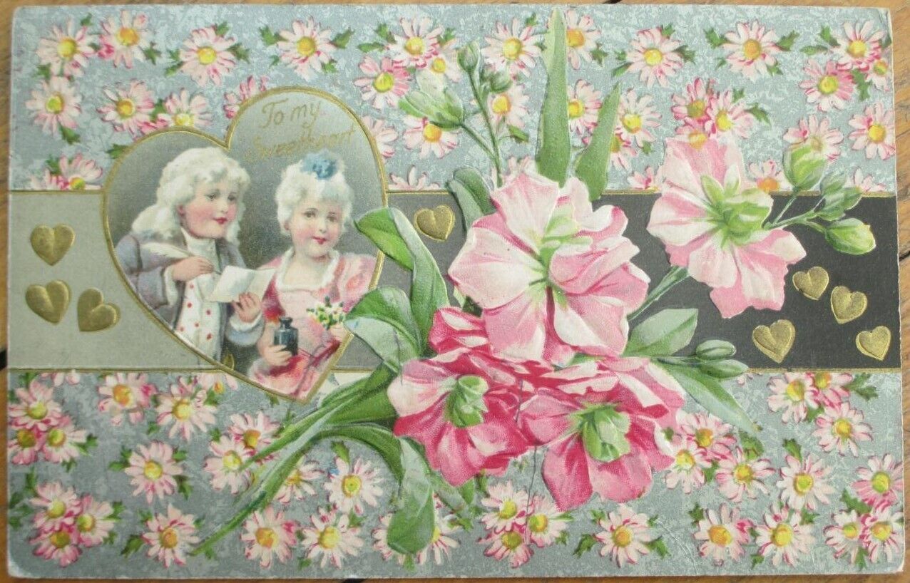 Couple, Silver Flower Border 1909 Valentine Postcard, Embossed Color Litho