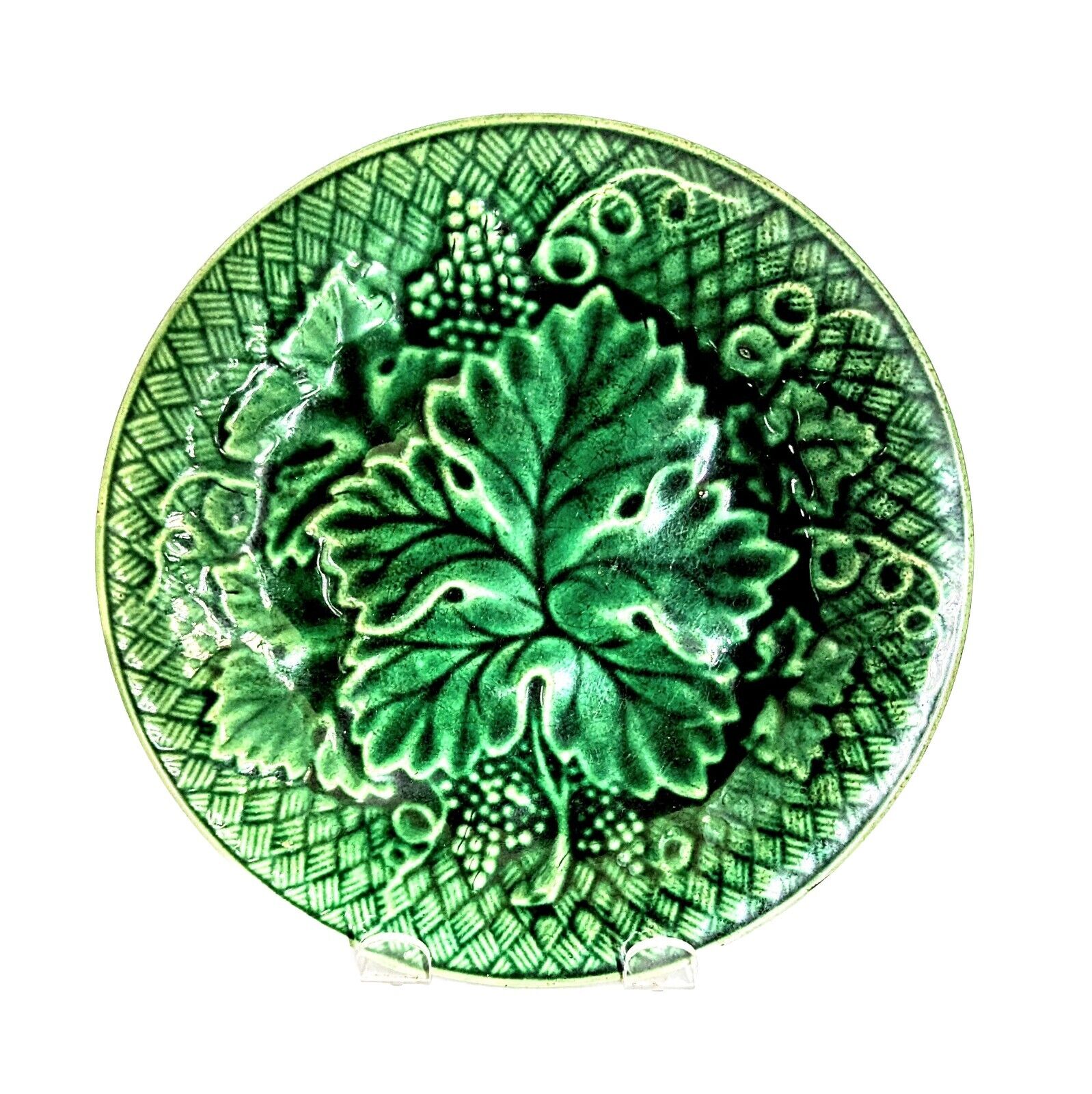 Antique Majolica Plate Green Grapes Leaves 19th Century 7.75\