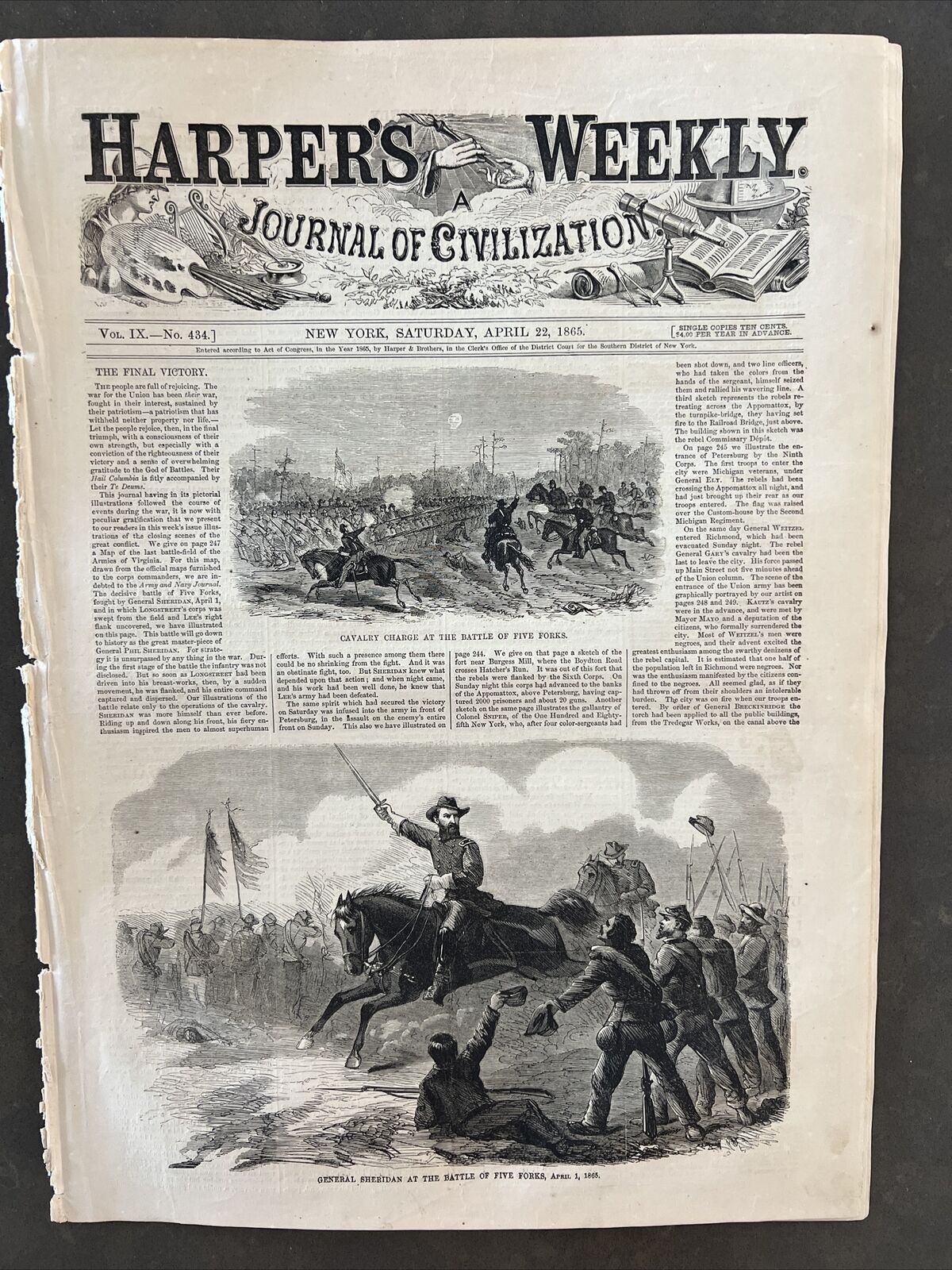 Harper\'s Weekly April 22 1865 Union Army enters Richmond/Sheridan at Five Forks