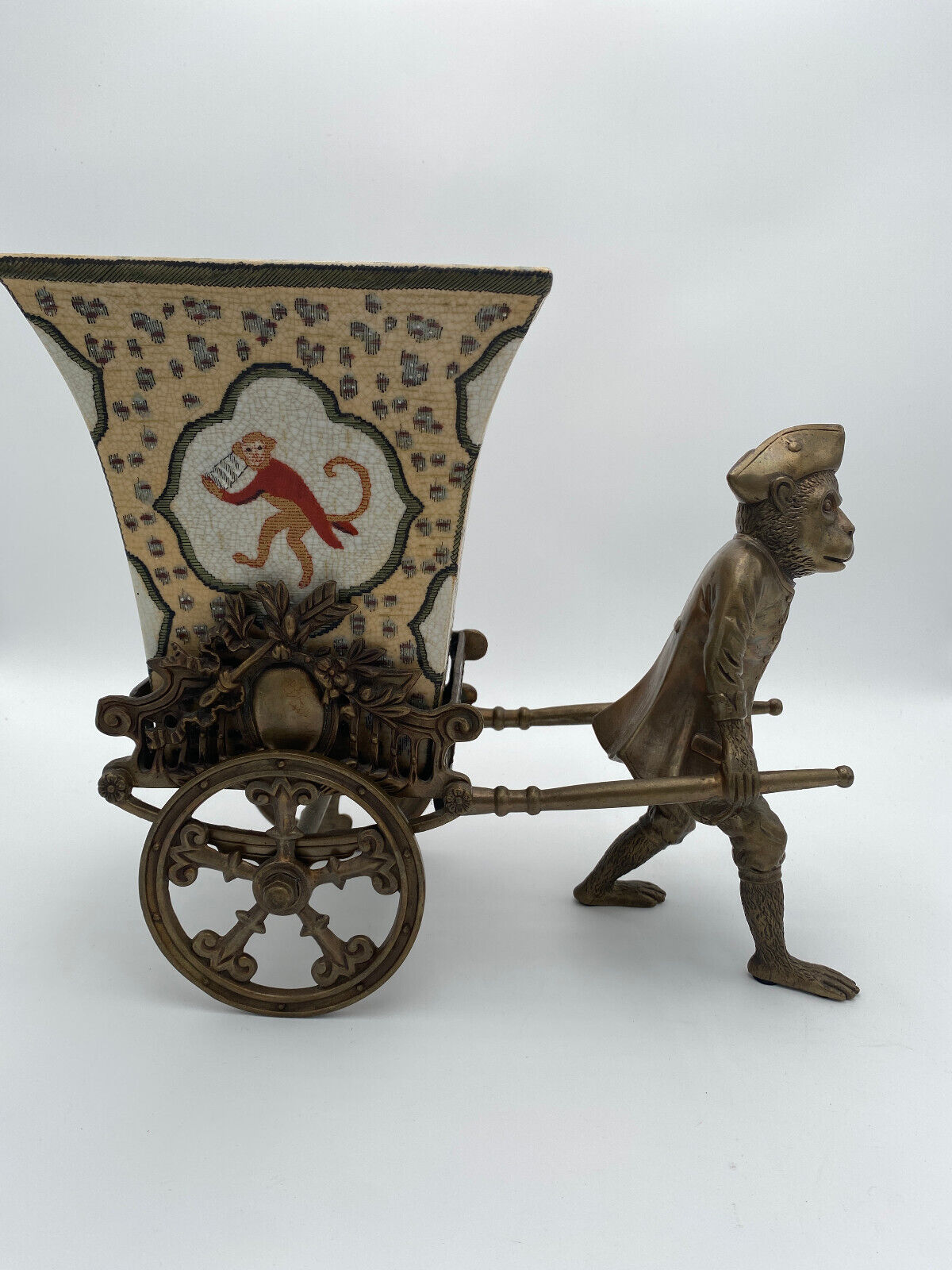 Mid 20th Century Casilian Porceelain With Brass Monkey Pulling Cart