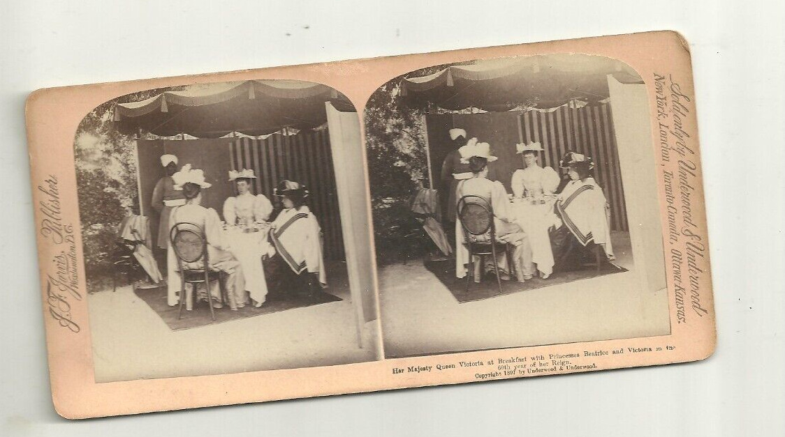 Antique 1890s Stereoview Queen Victoria at Breakfast w/ Princesses Beatrice and