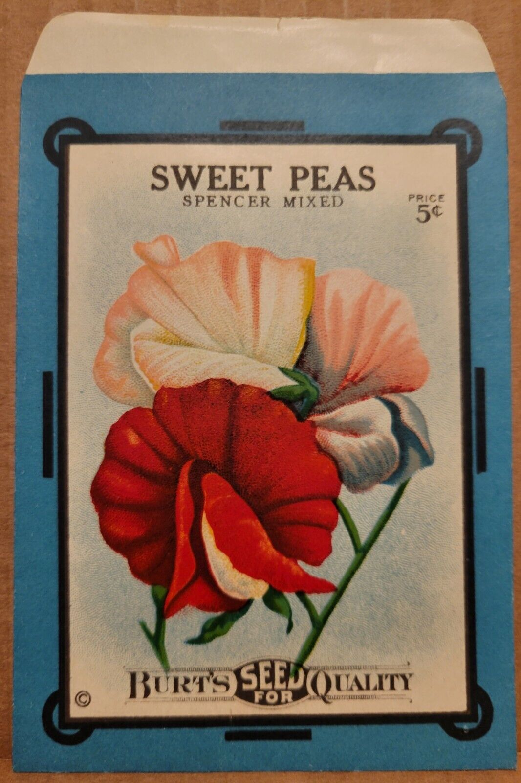 BURTS SEED PACK SPENCER SWEET PEAS Vintage Litho 5 Cents Mixed Flower C 1910s